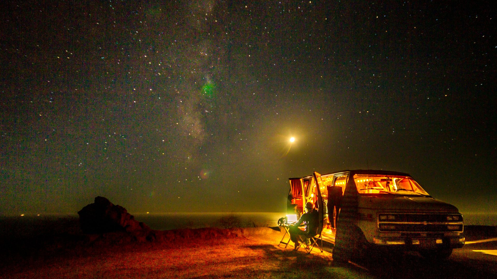a camper with a campfire at night