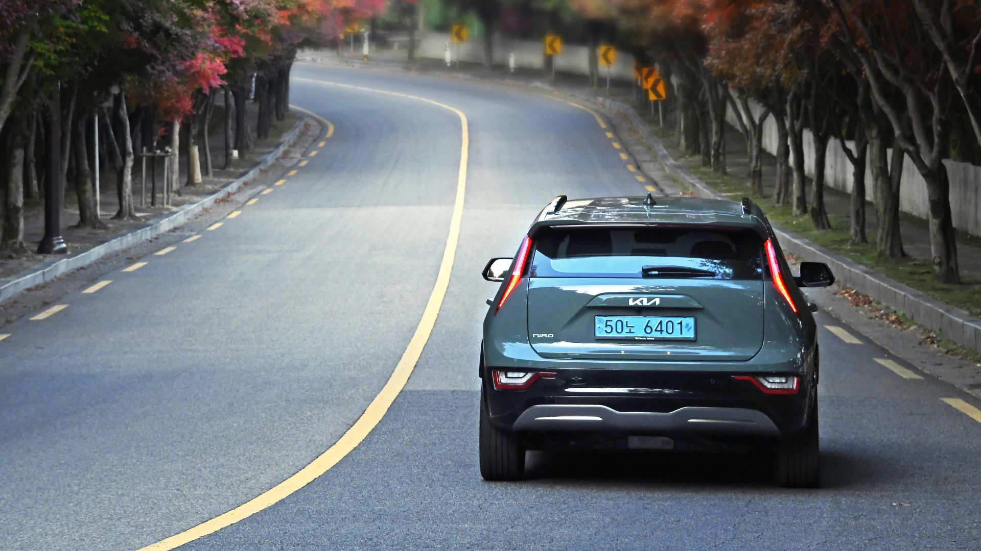 a car driving down a road with trees on either side of it