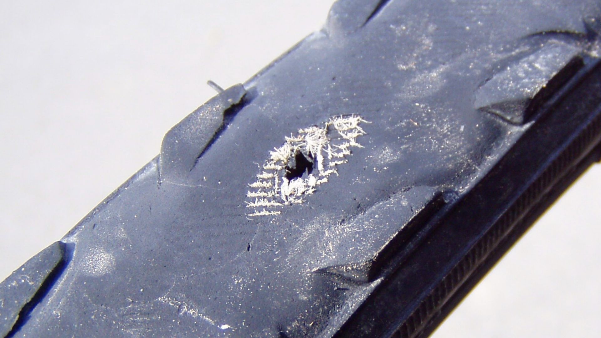 File:003 Bicycle tire worn through with visible casing thread - mechanical failure.jpg