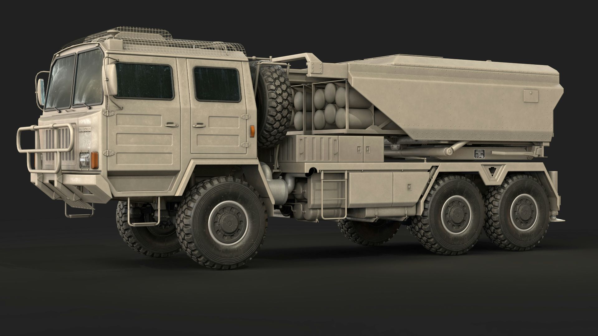 A large truck is shown on a black background