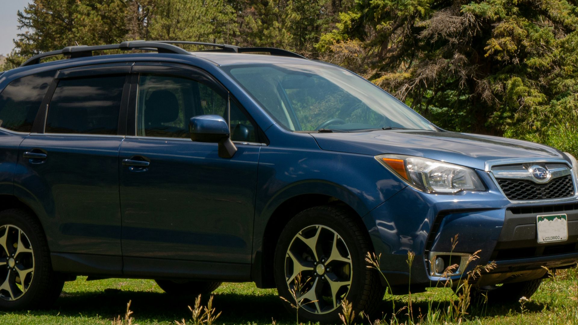 A blue subarunt parked in a grassy field