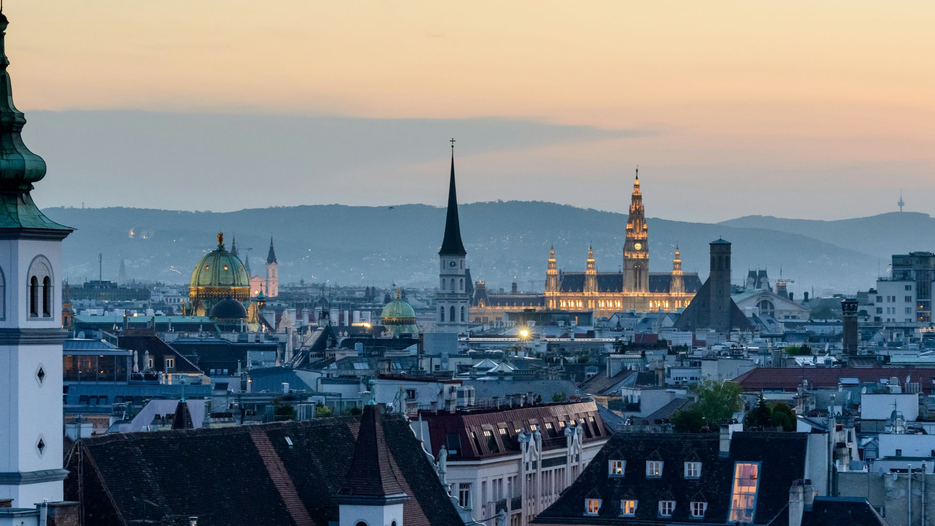 aerial view of a city during sunset