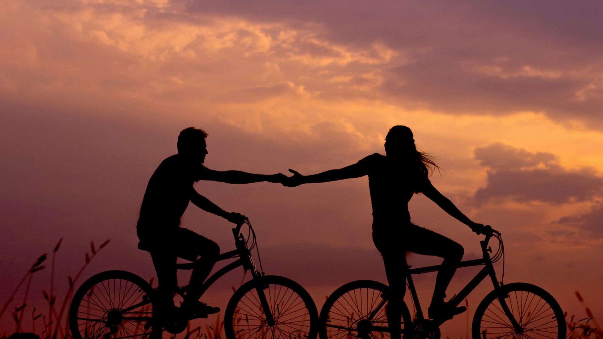 woman on bike reaching for man's hand behind her also on bike