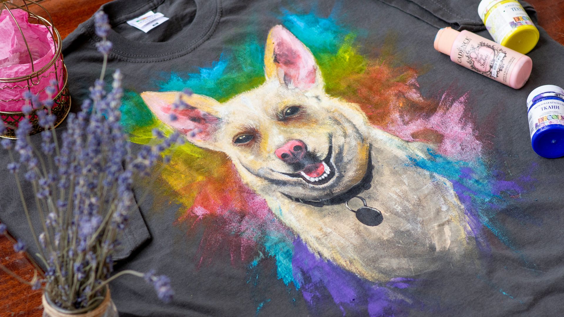 black purple and yellow dog print crew neck shirt