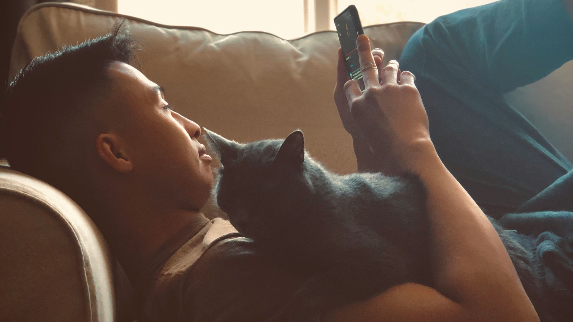 woman in blue tank top lying on couch with black cat