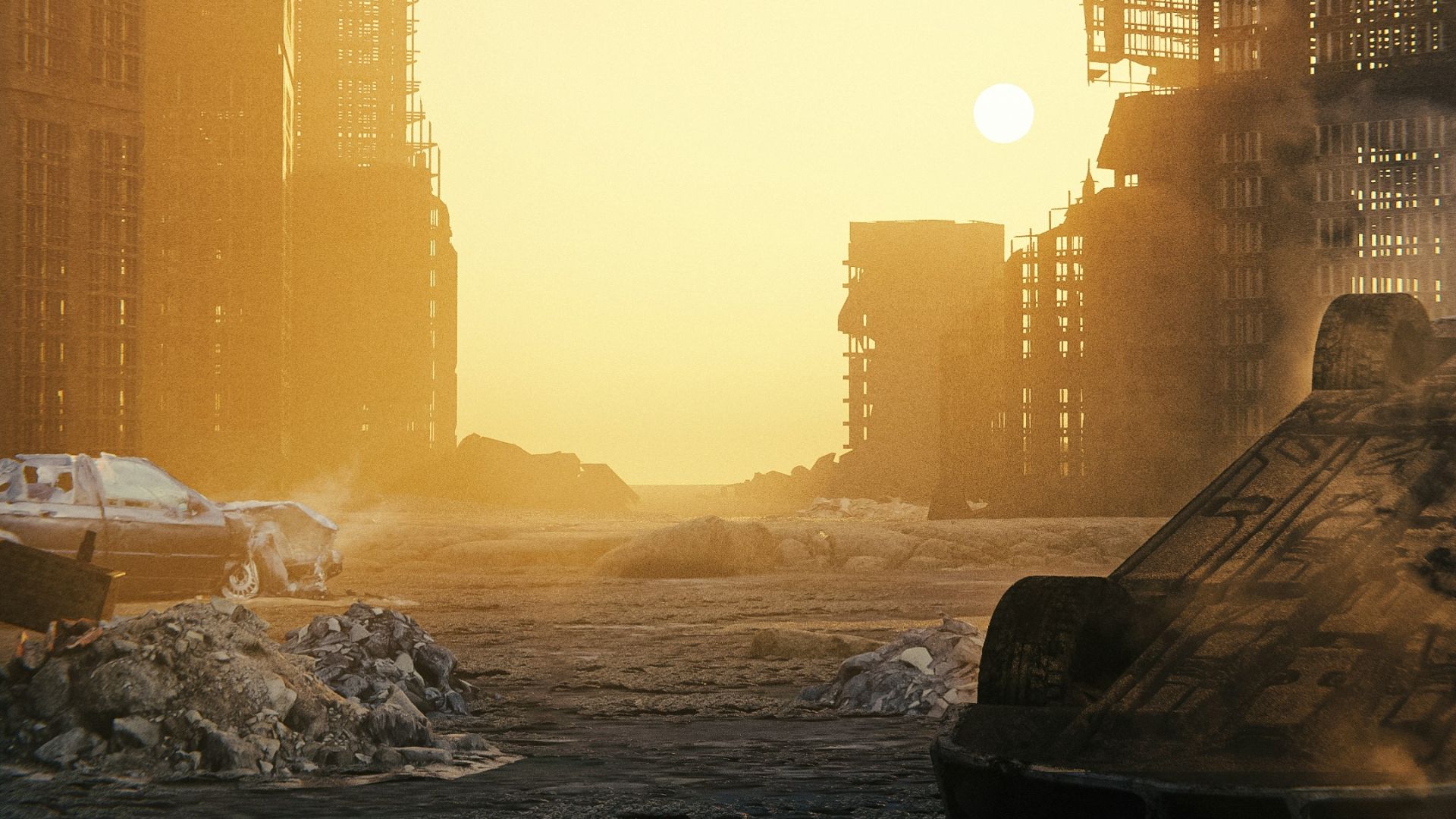 the sun is setting over a city with tall buildings