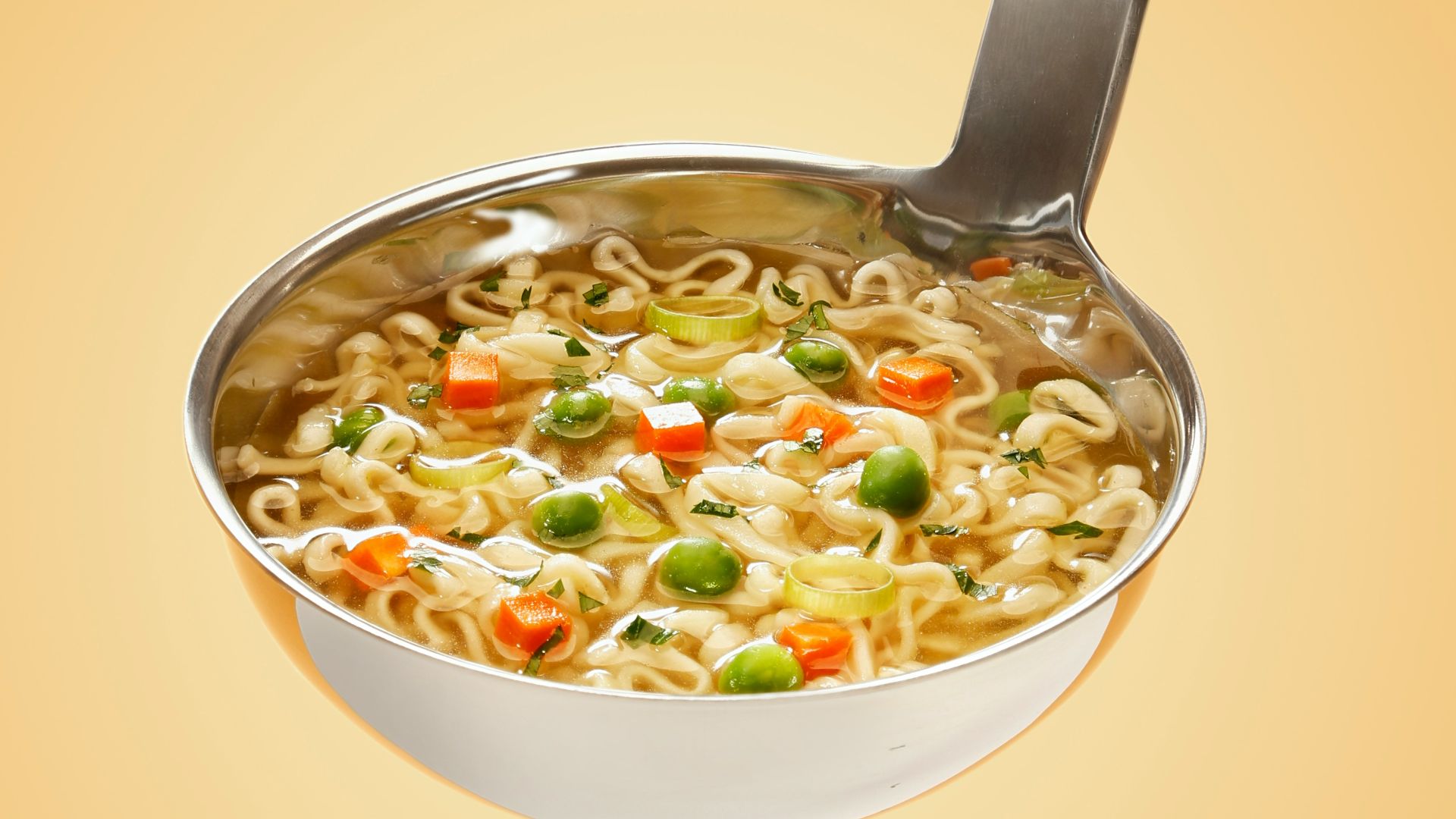 silver steel scoop with noodles