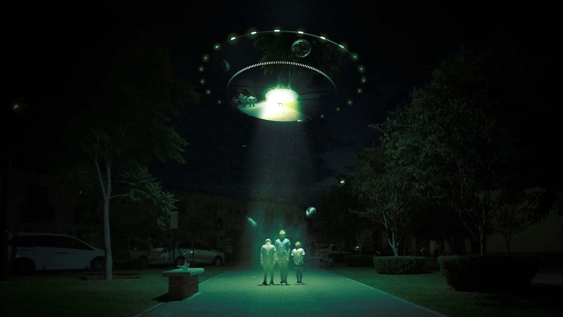 a group of people standing in front of a lighted archway