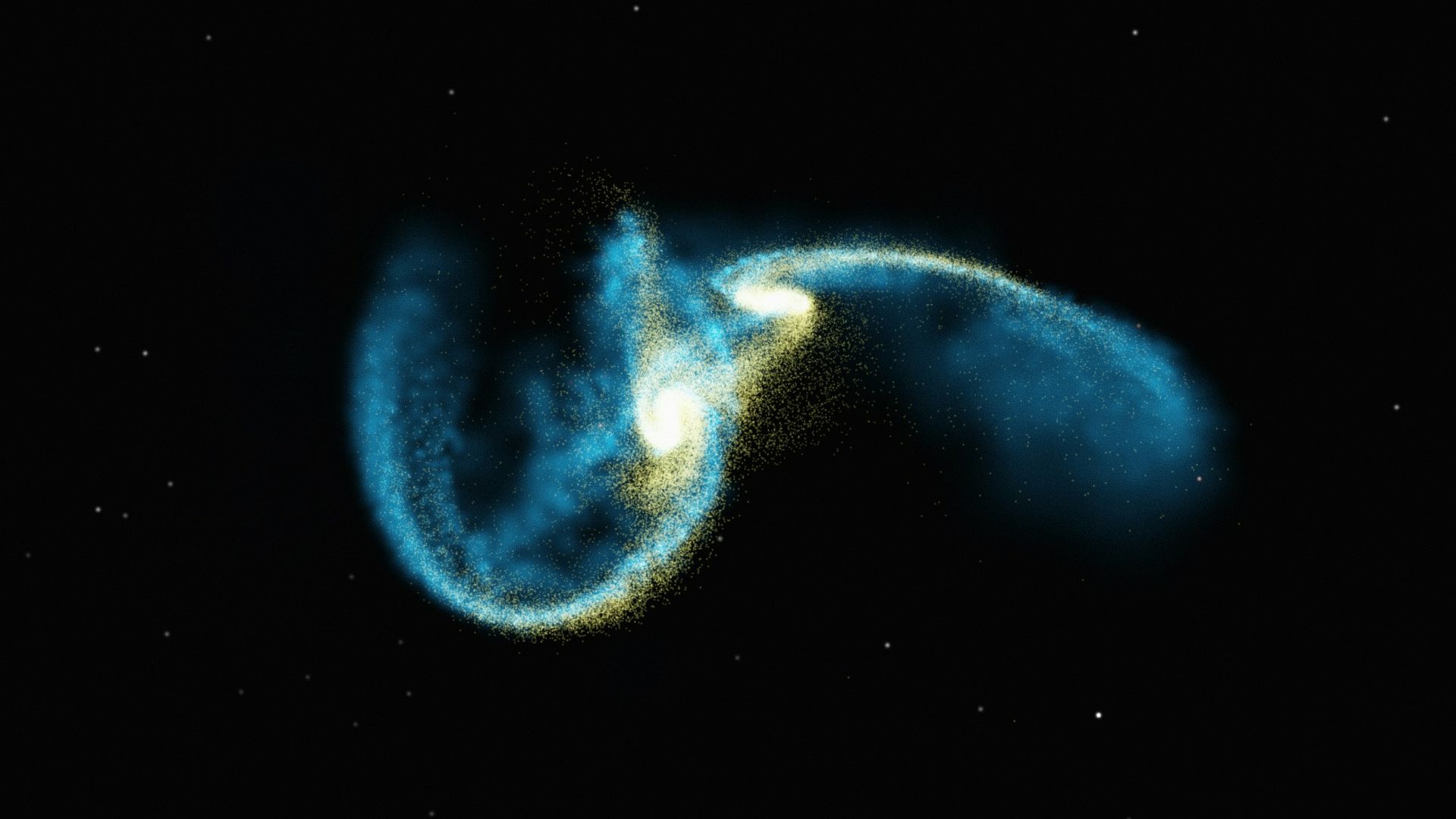 a blue and yellow object in the dark sky