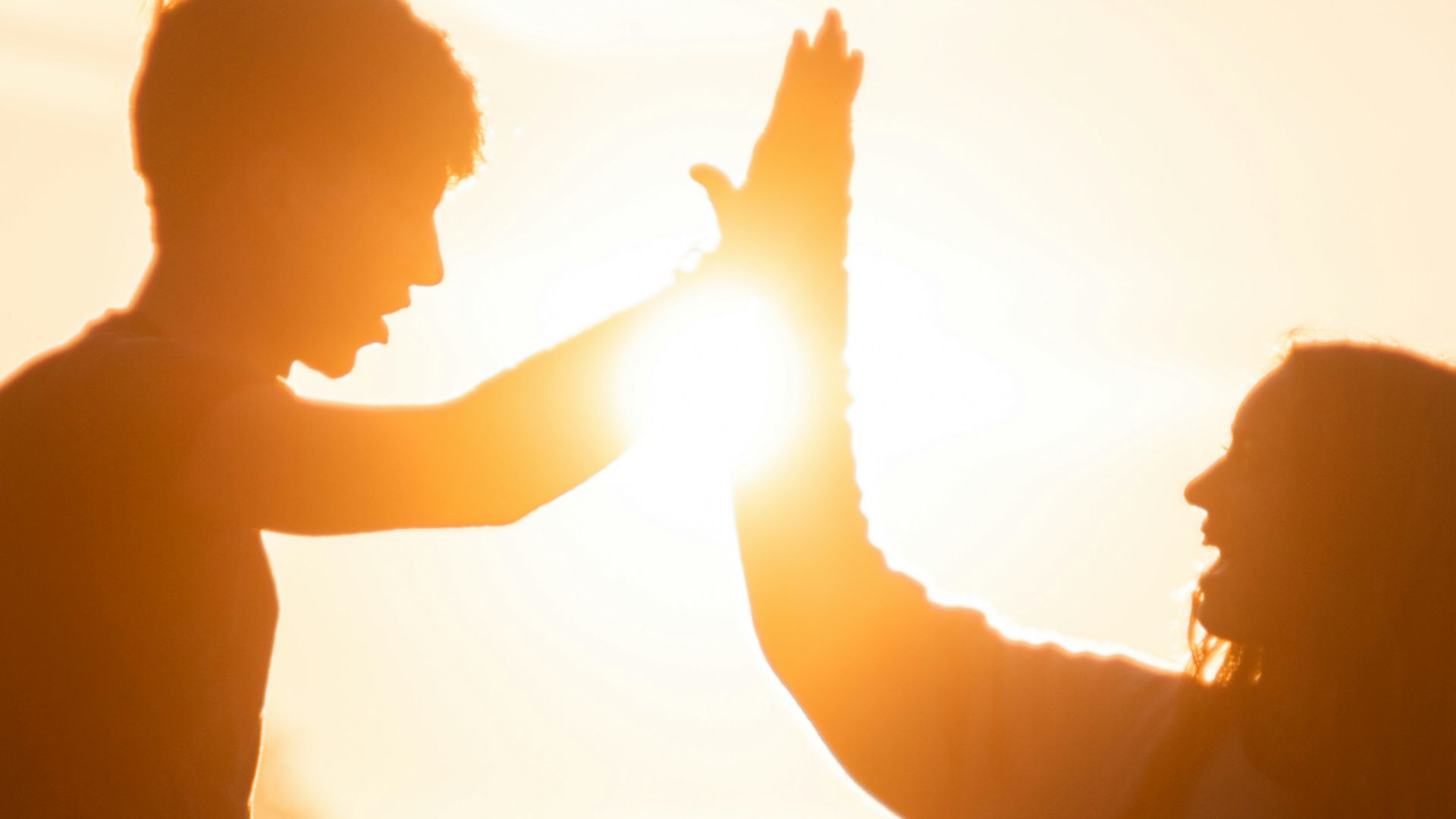 silhouette of man and woman holding hands during sunset