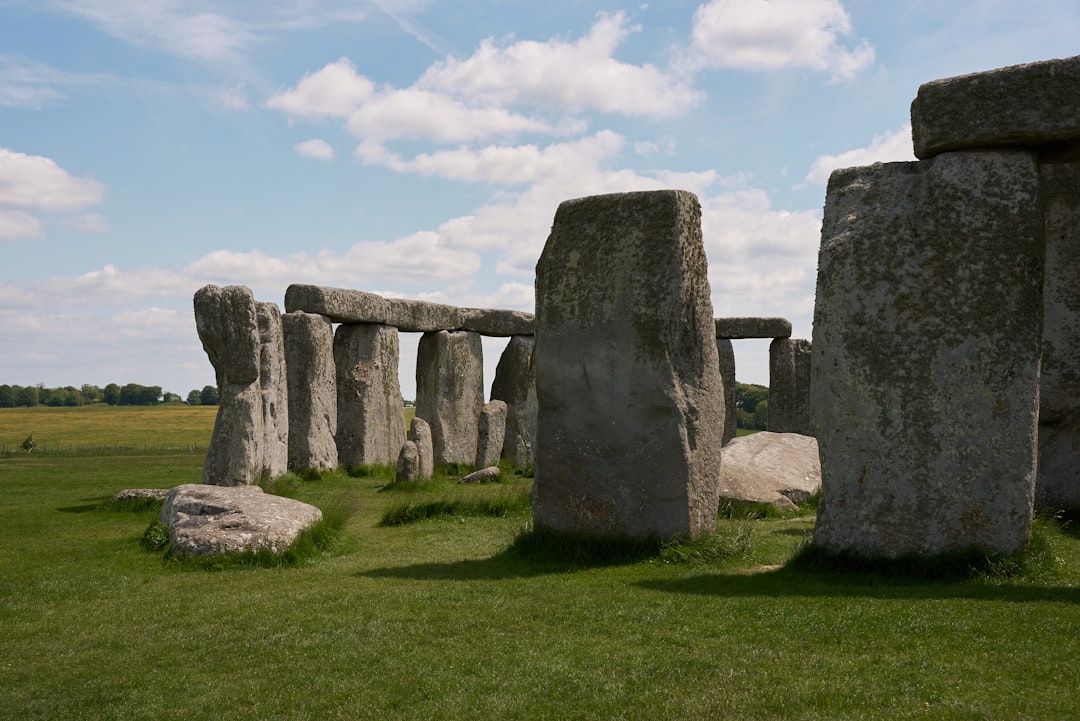 A group of stonehenges in a grassy field
