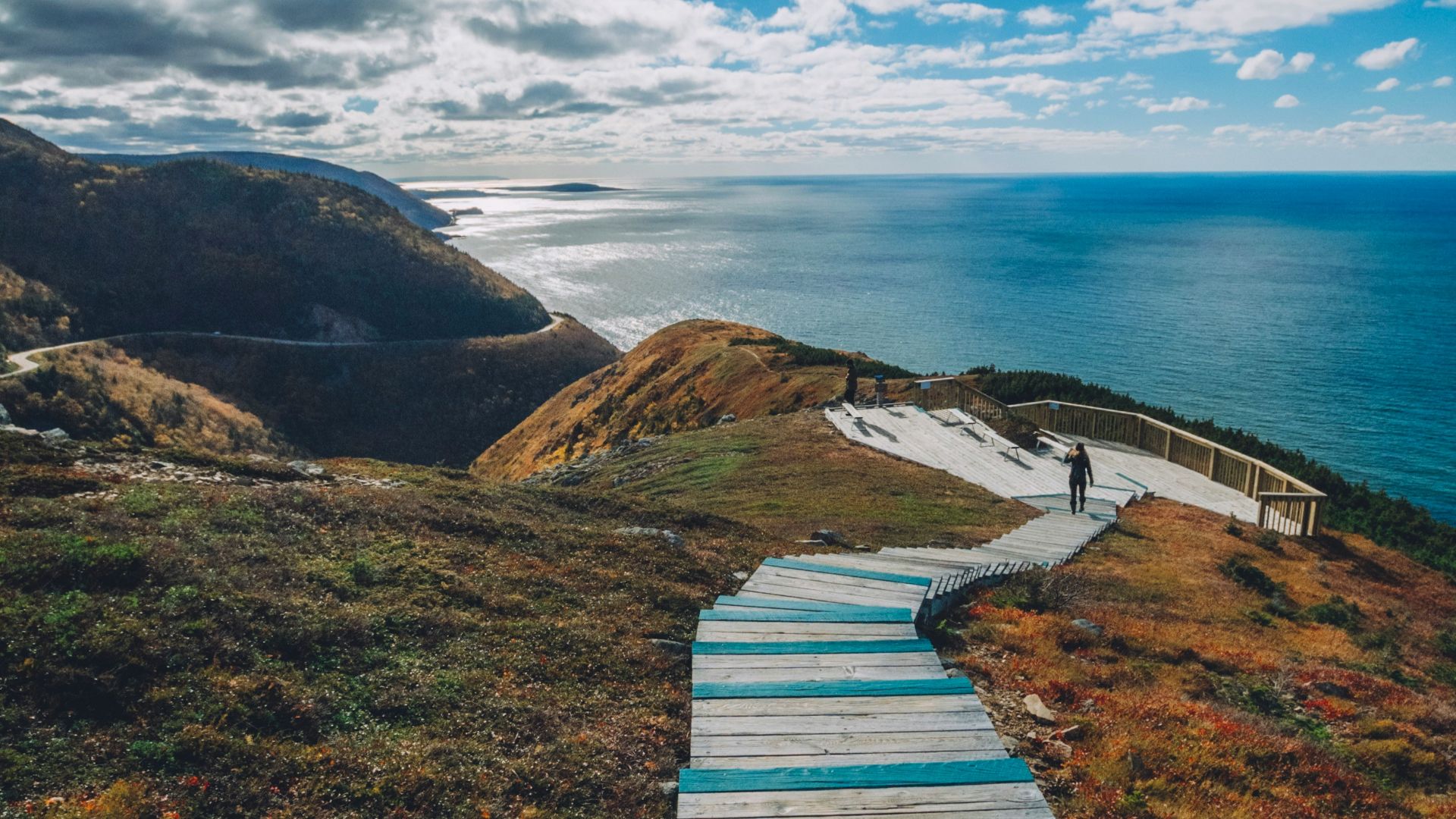 brow wooden stairs on cliff overlooking sea at daytme