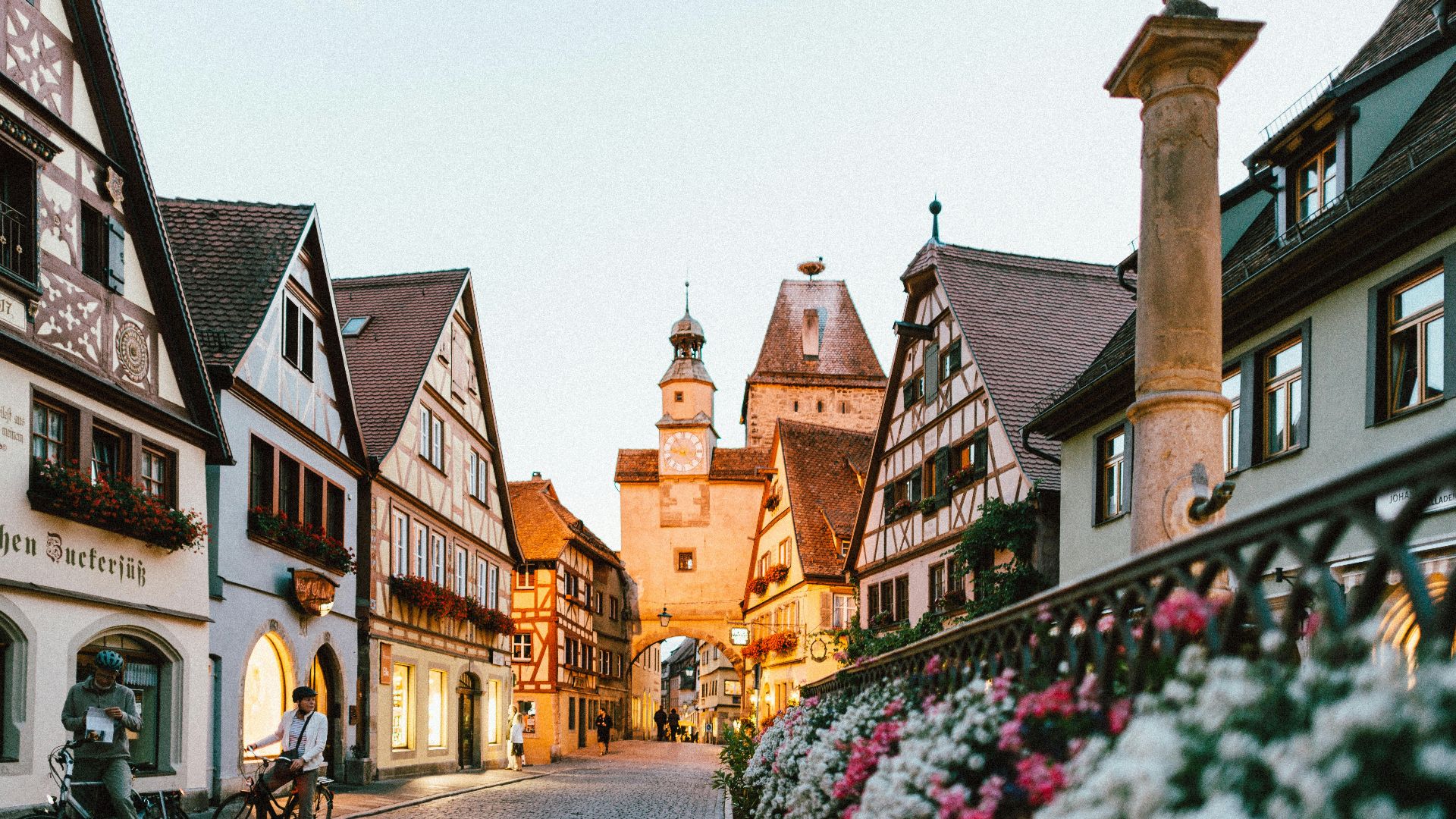 white and pink petaled flowers on metal fence near concrete houses and tower at daytime