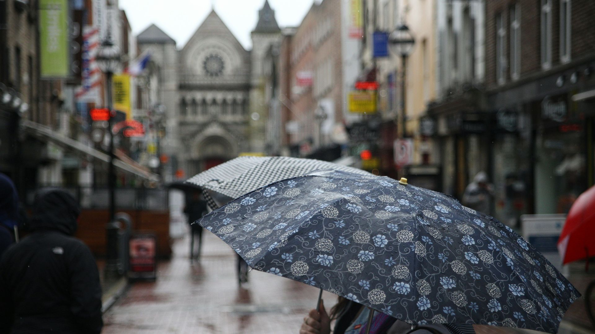 person holding floral umbrella between buildings