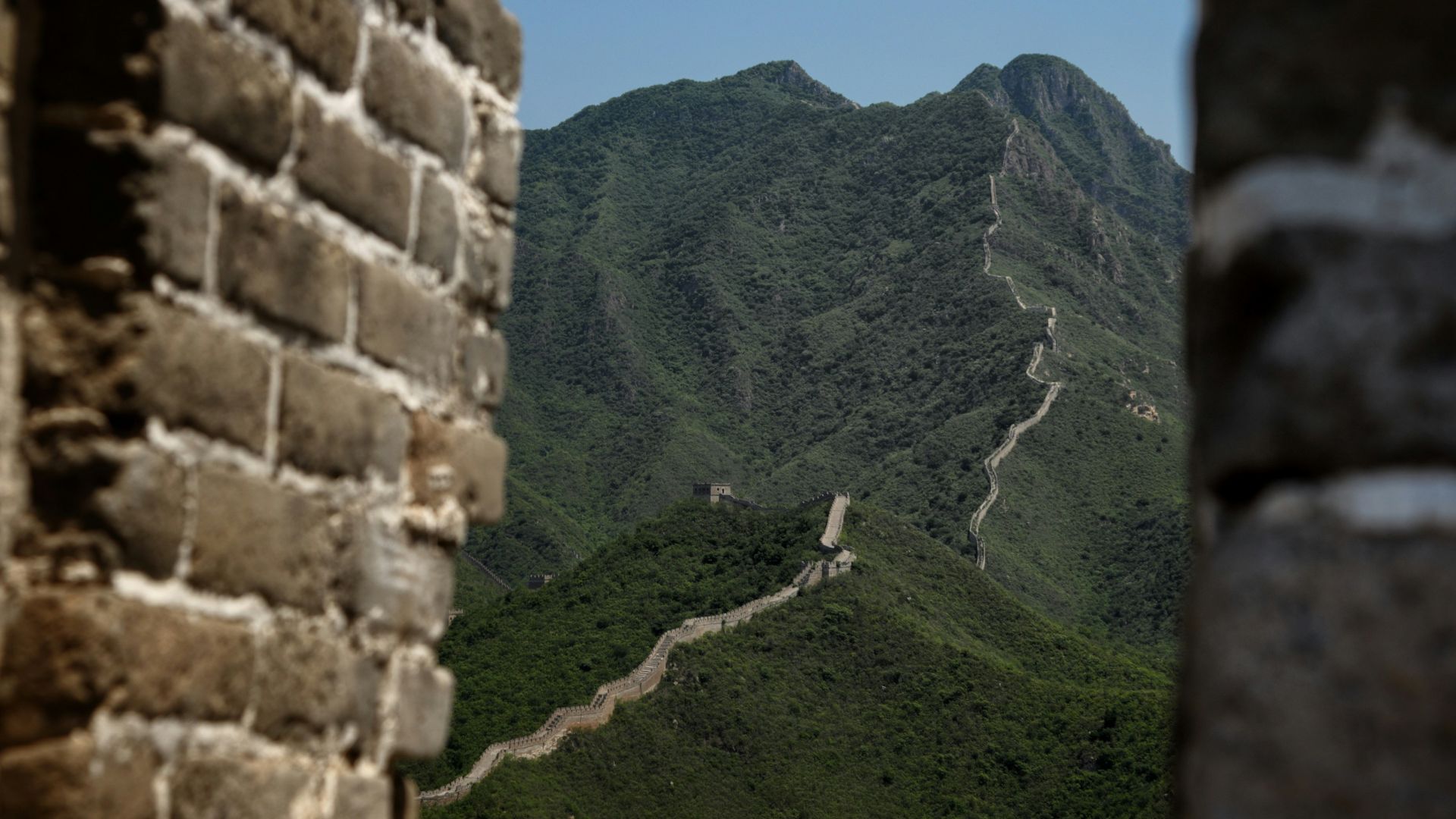 a view of the great wall of china through a window