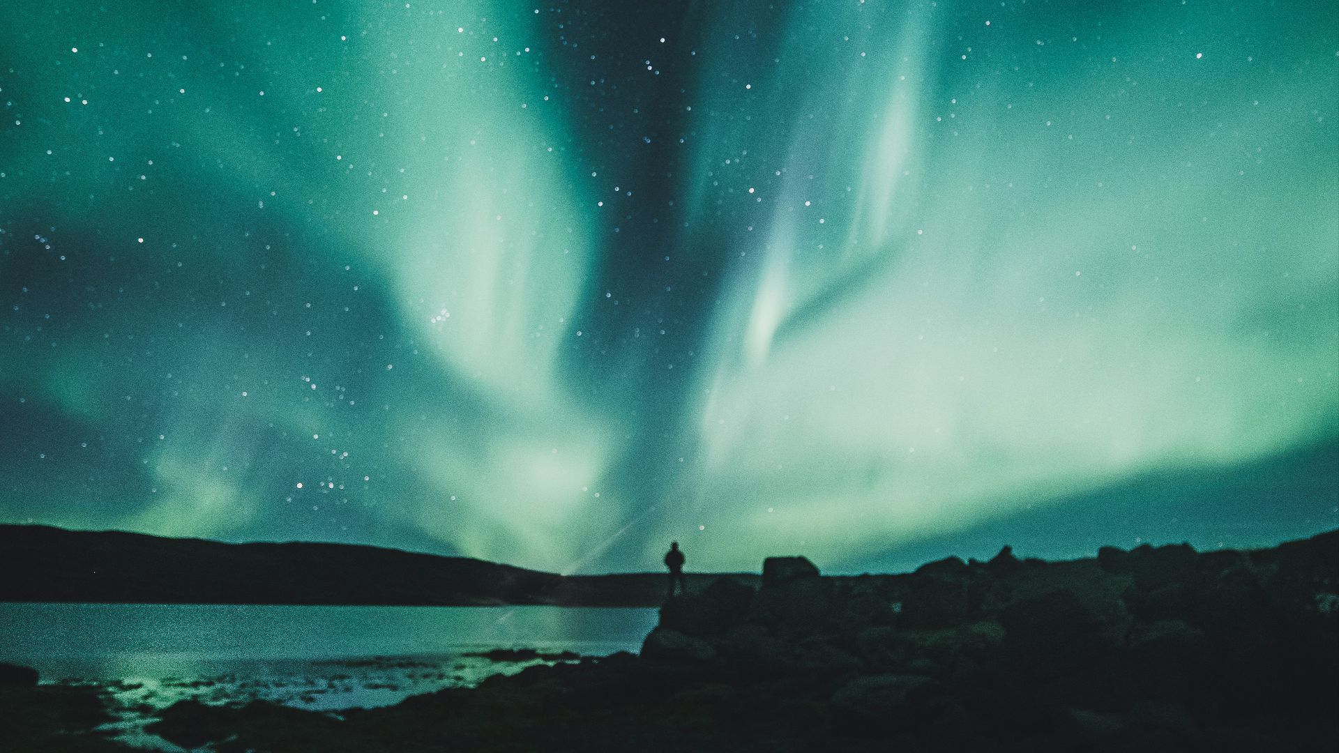 person standing near body of water during aurora northern sky