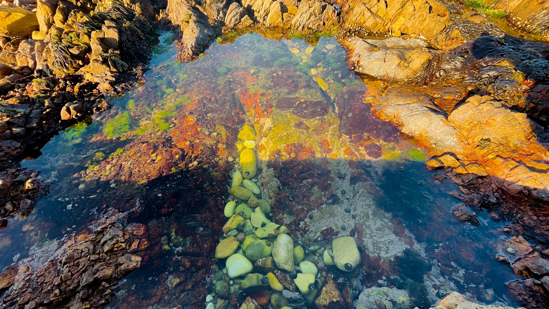 A large body of water surrounded by rocks