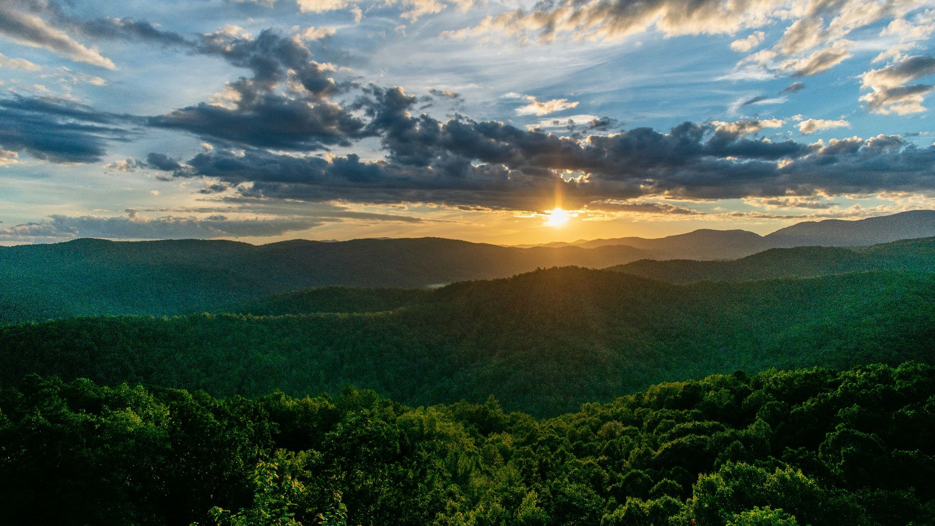 green trees and mountains during sunrise