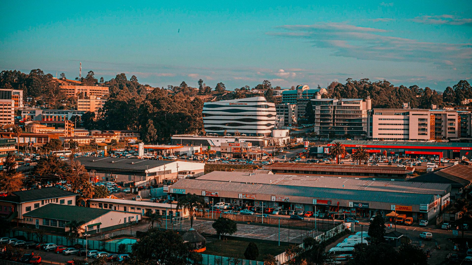 a city with a large building