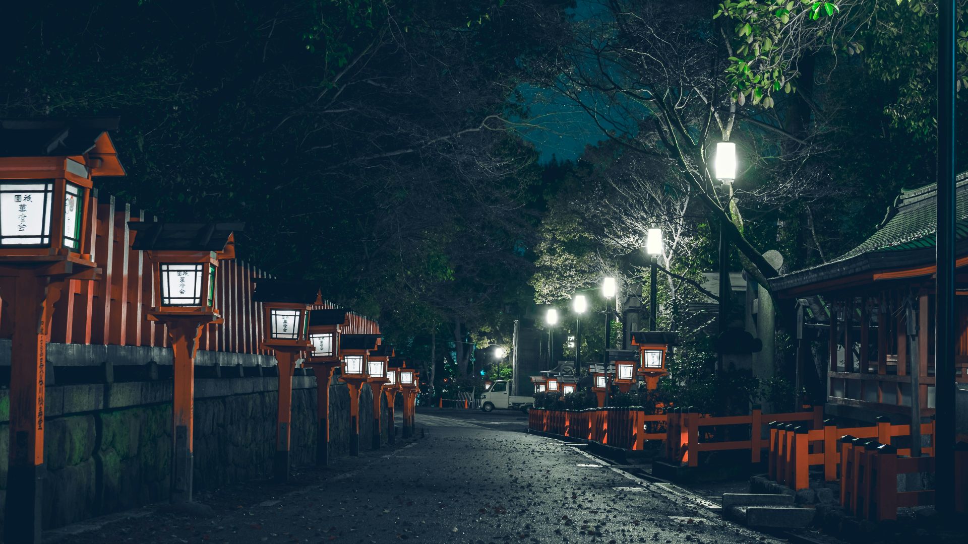 a row of wooden benches sitting next to a forest