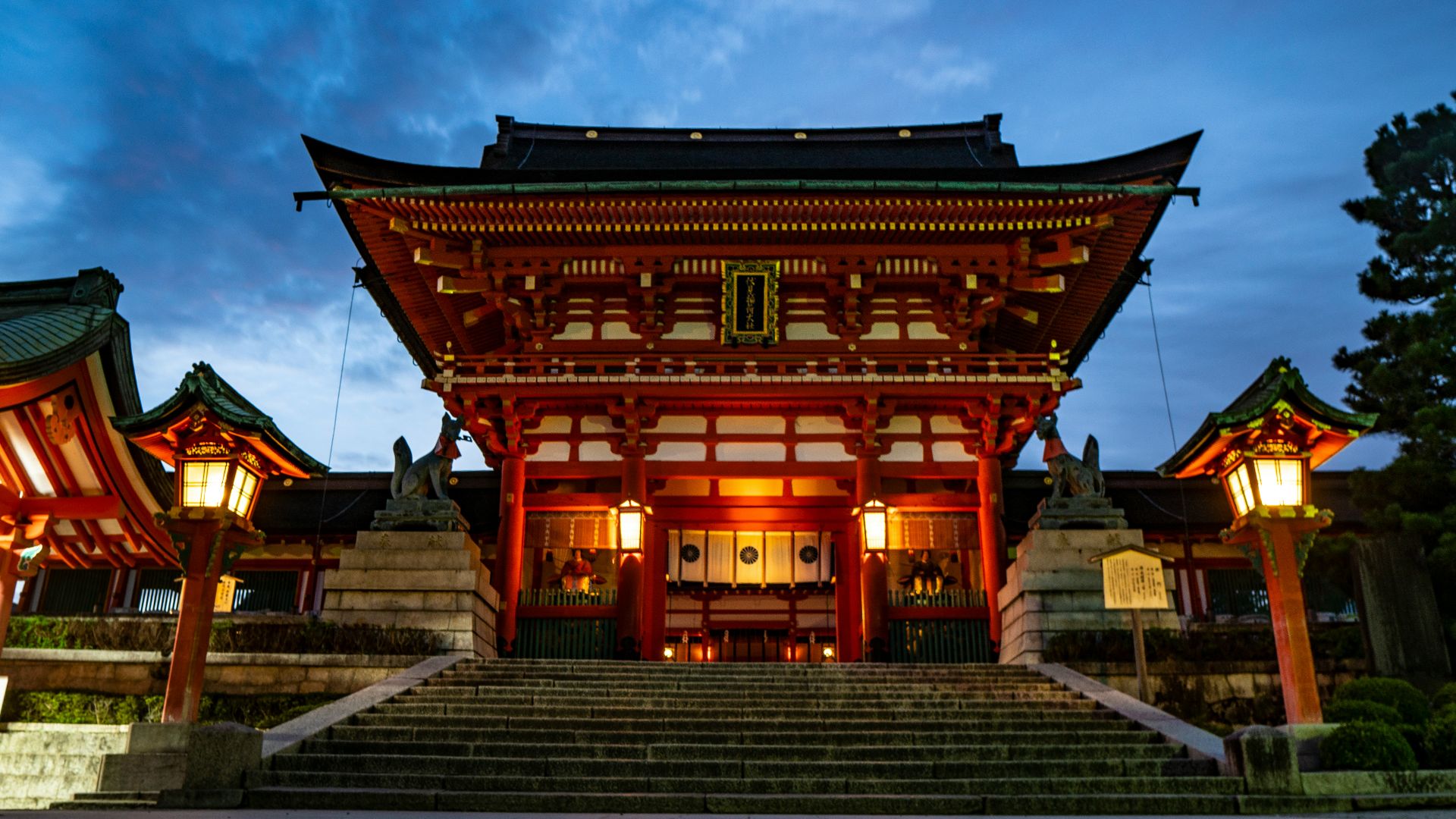 lighted orange and black pagoda