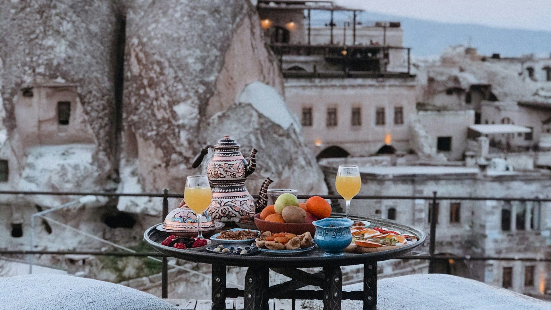 a table with a tray of food on top of it