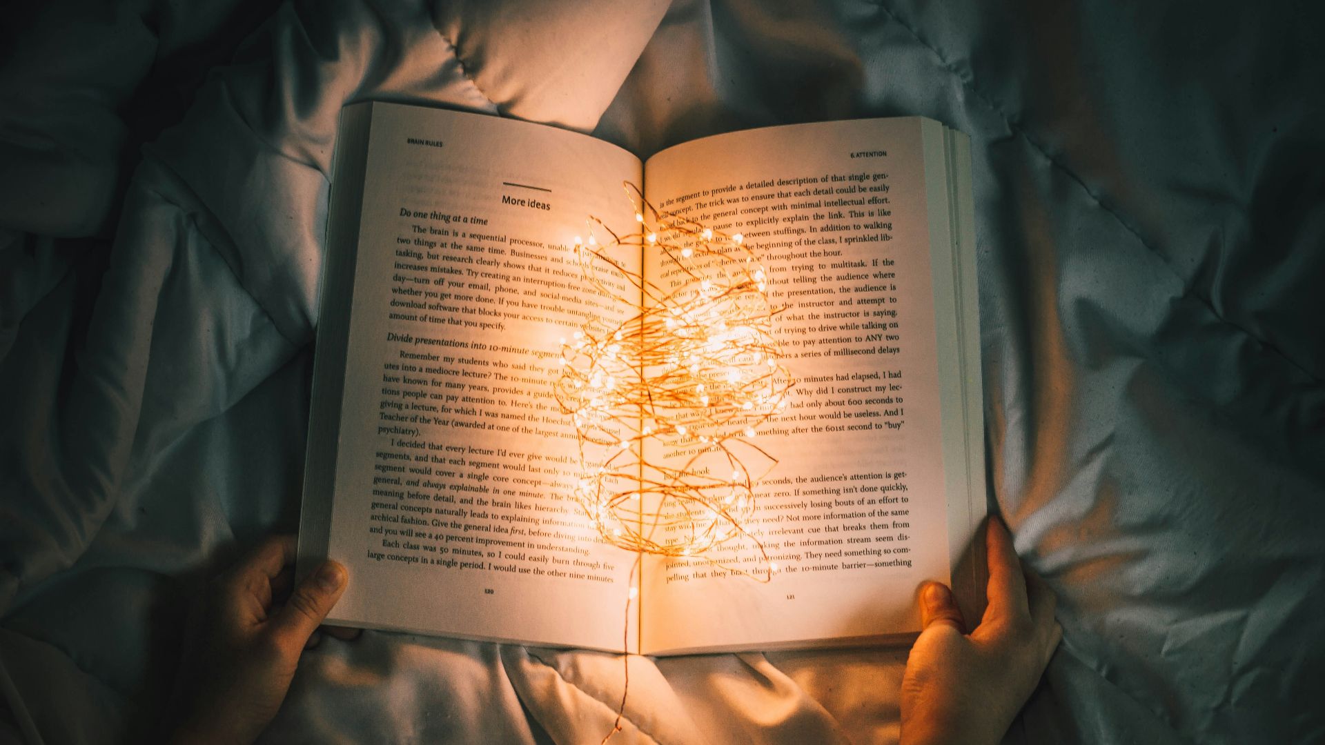person holding string lights on opened book