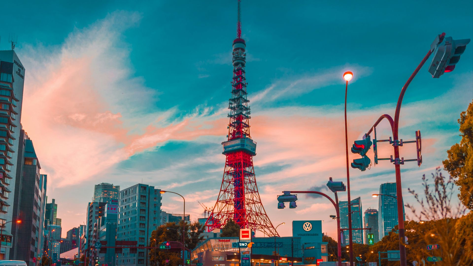 architectural photo of tower between buildings
