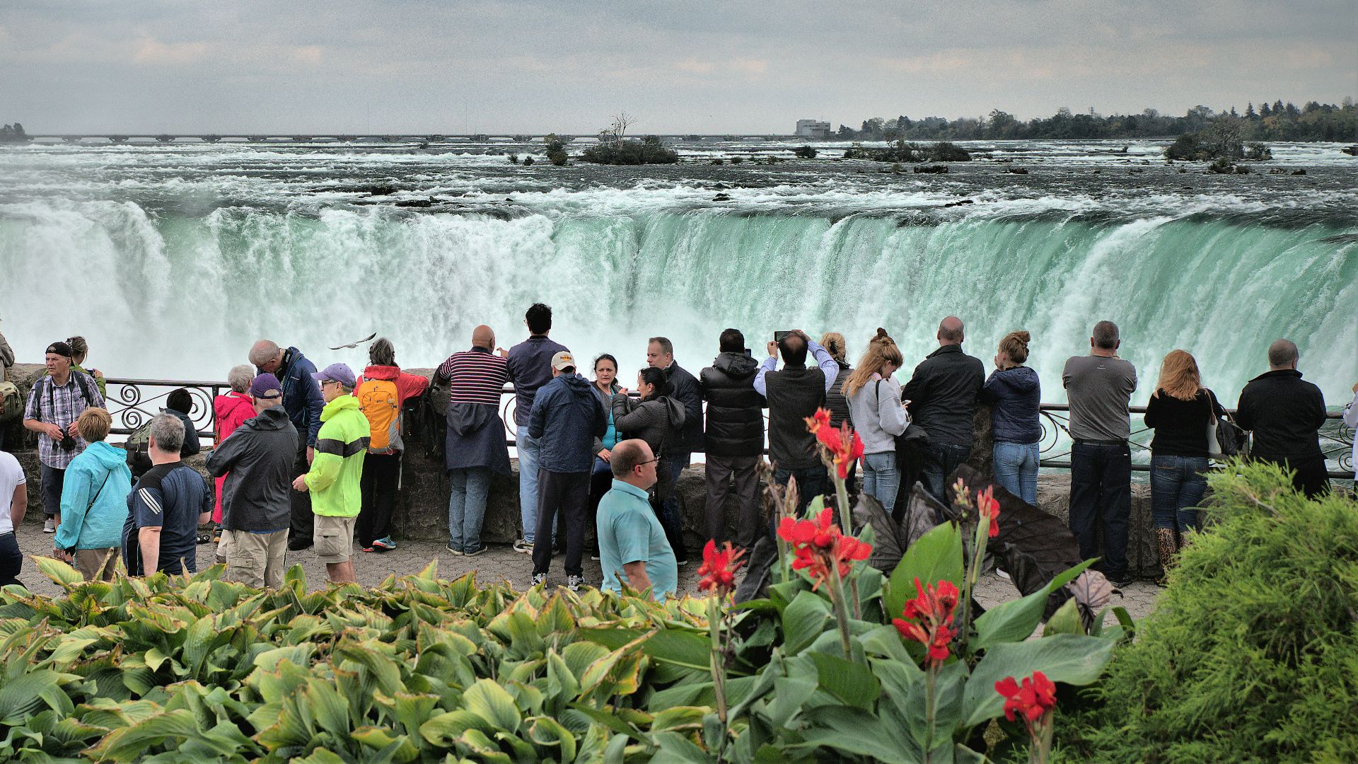 people taking picture of waterfalls under cloudy sky