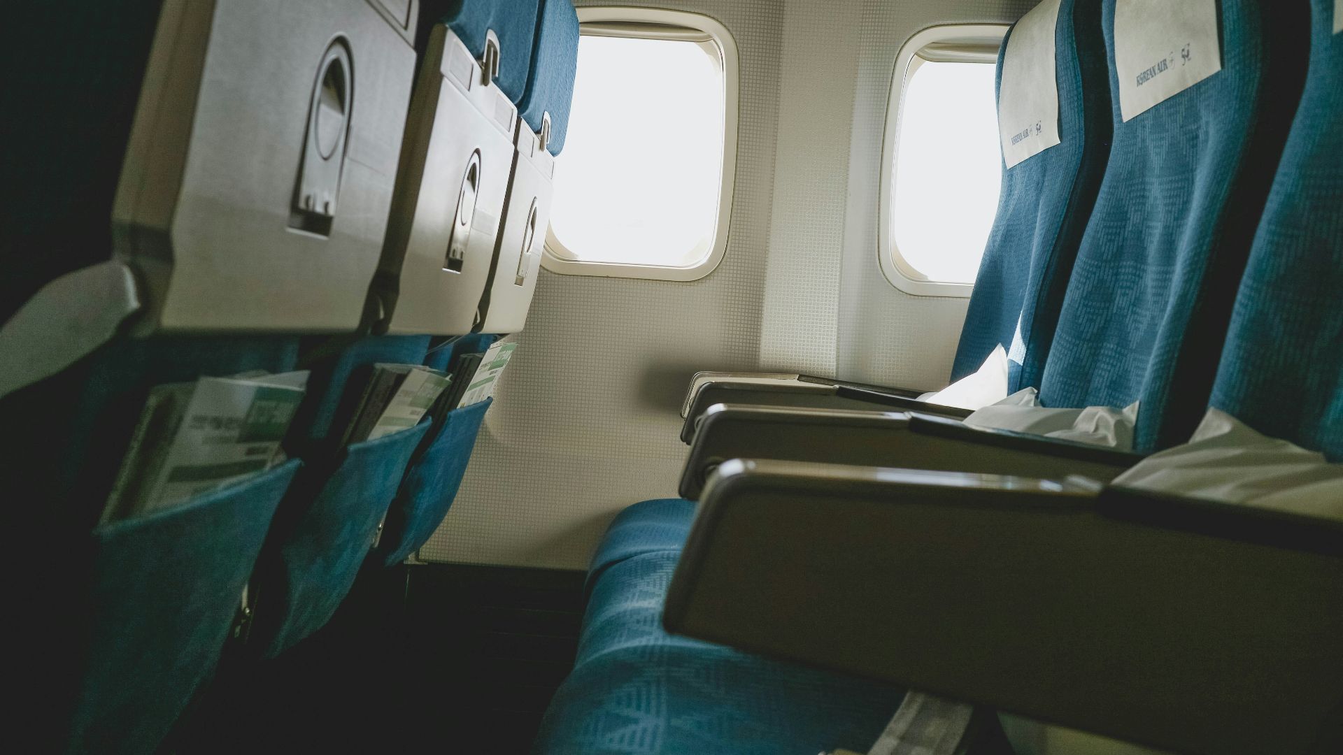 blue and white train seats