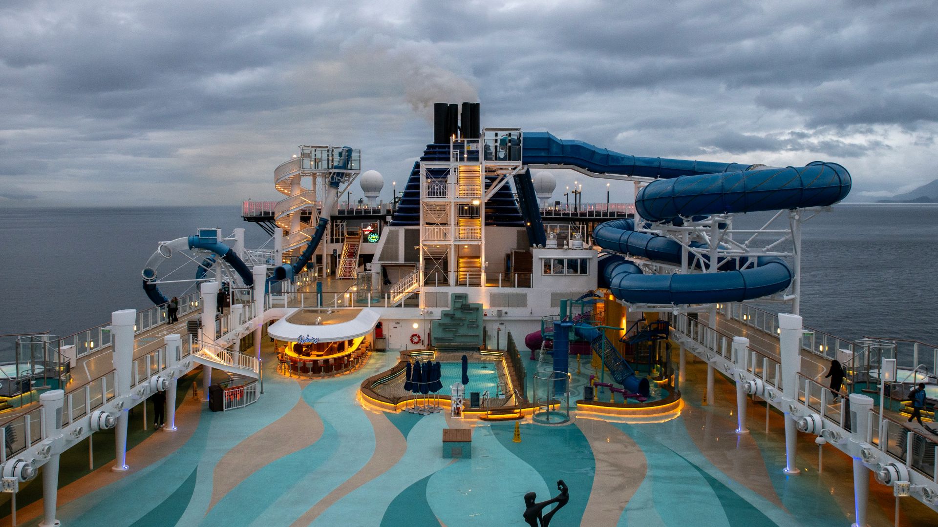 A water slide on the back of a cruise ship