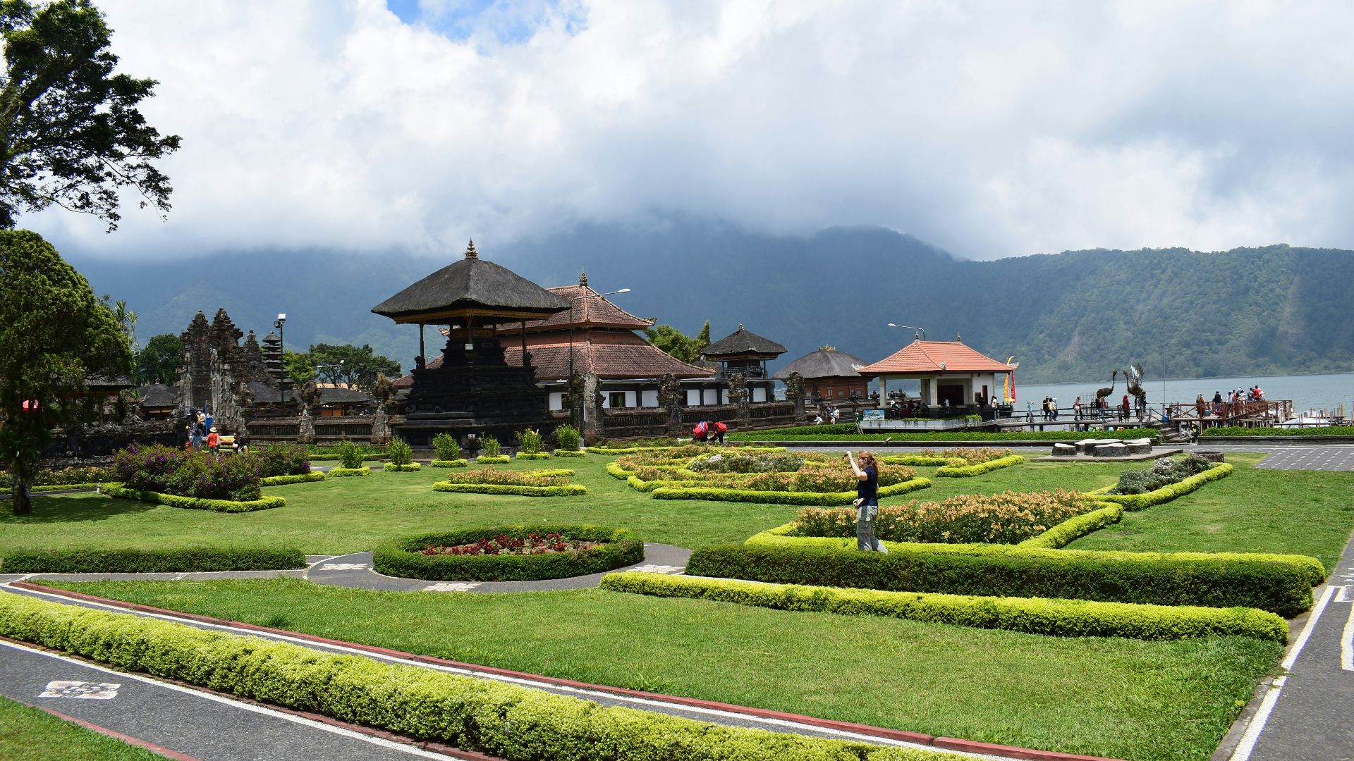 a garden with a building in the background