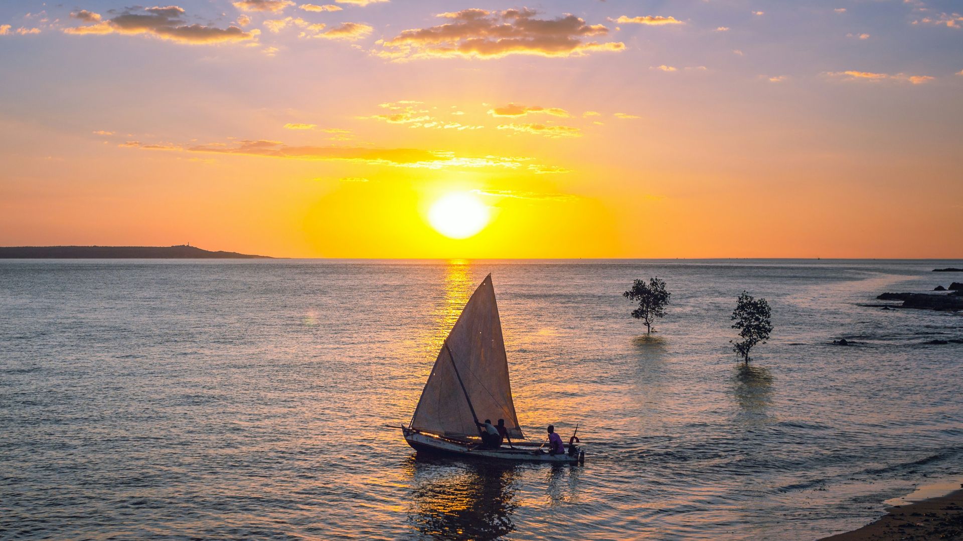silhouette of people riding on sail boat on sea during sunset