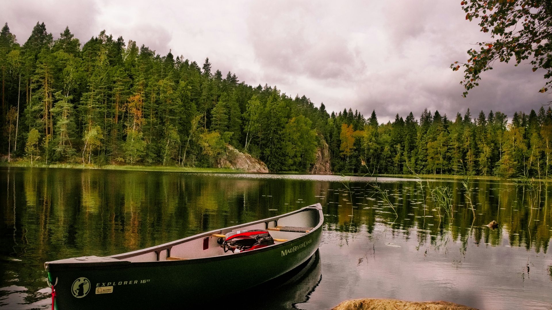 red and white canoe on lake near green trees under white clouds during daytime