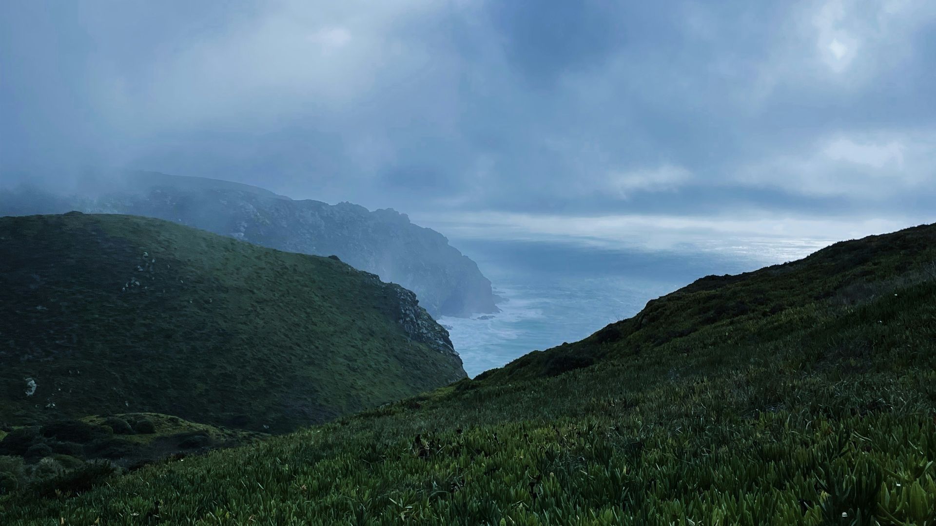 a grassy hill with a body of water in the distance