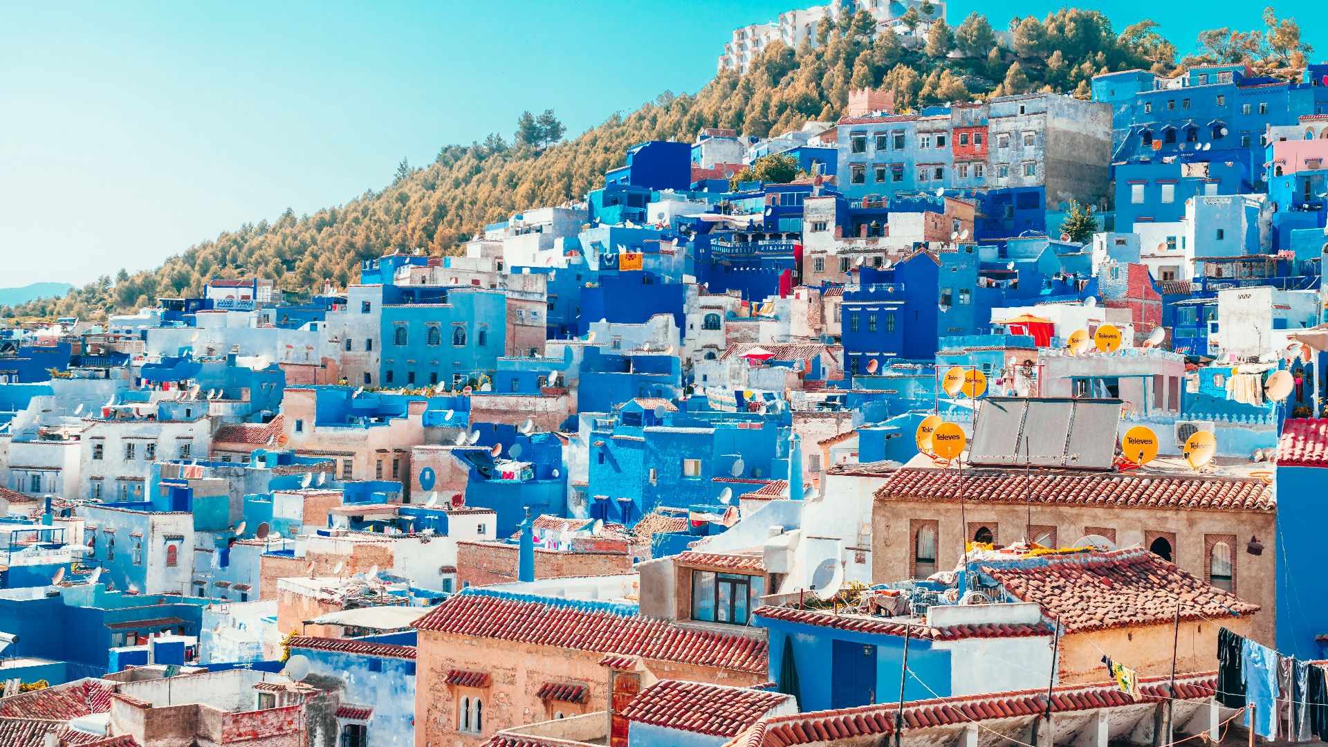 blue and white painted houses on the cliff