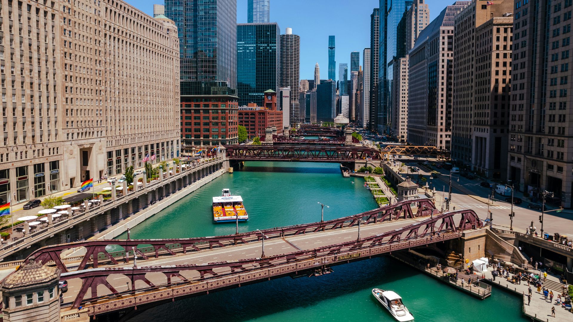 a river with Chicago River and boats