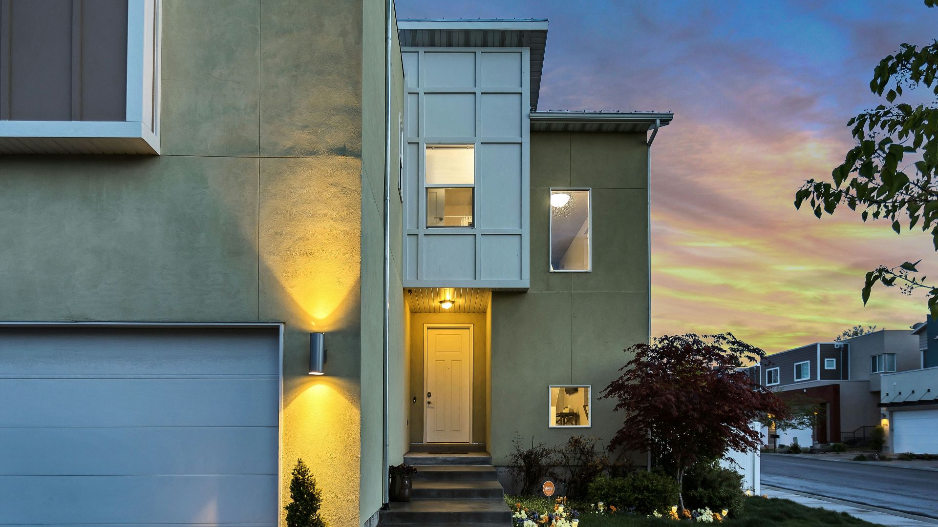 outdoor lamps turned on