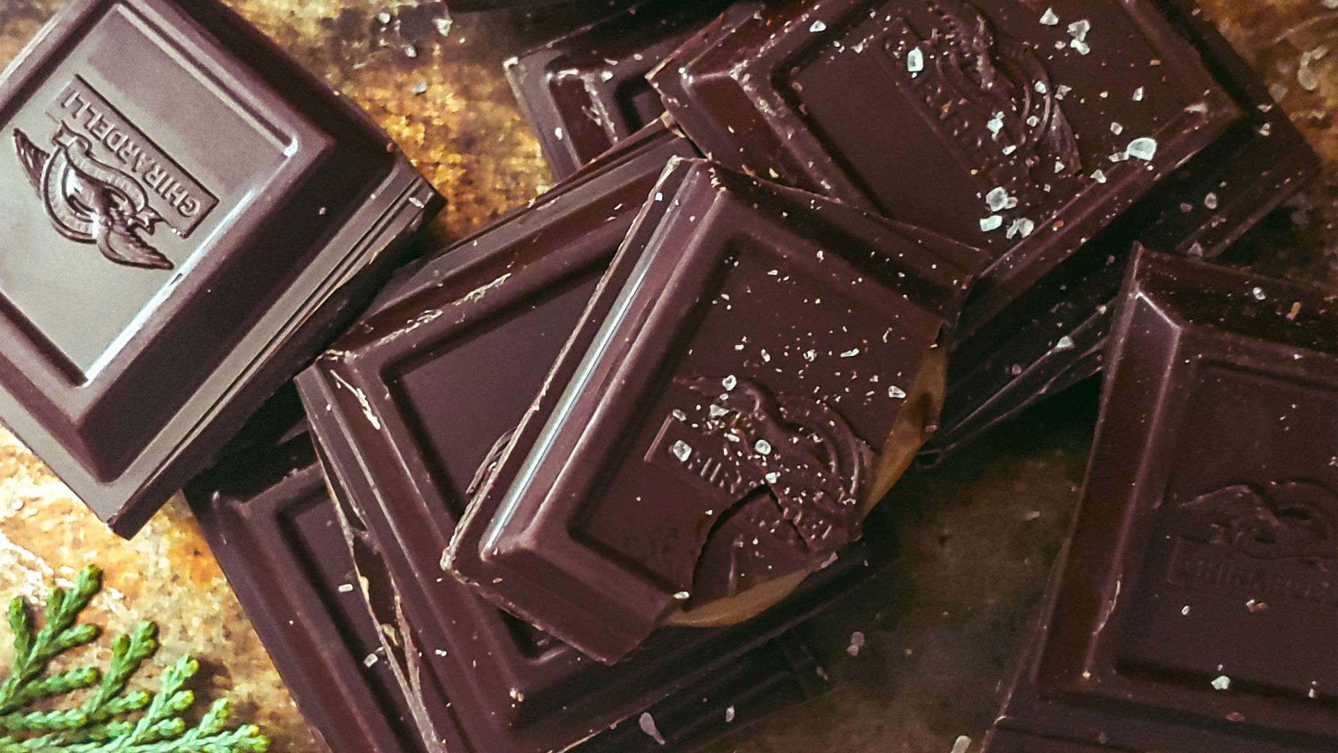 Dark chocolate squares sprinkled with sea salt