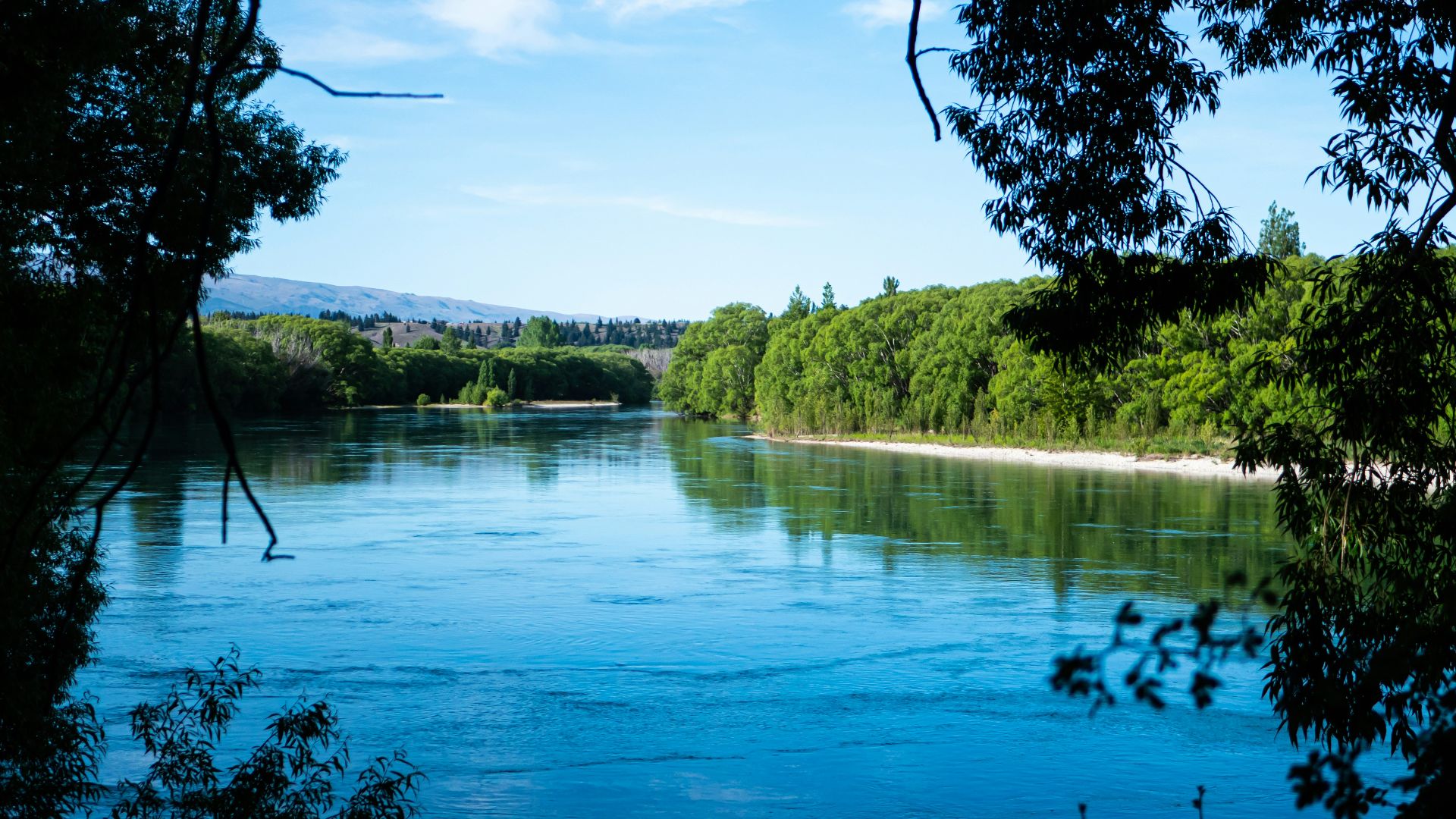 a body of water surrounded by trees and mountains