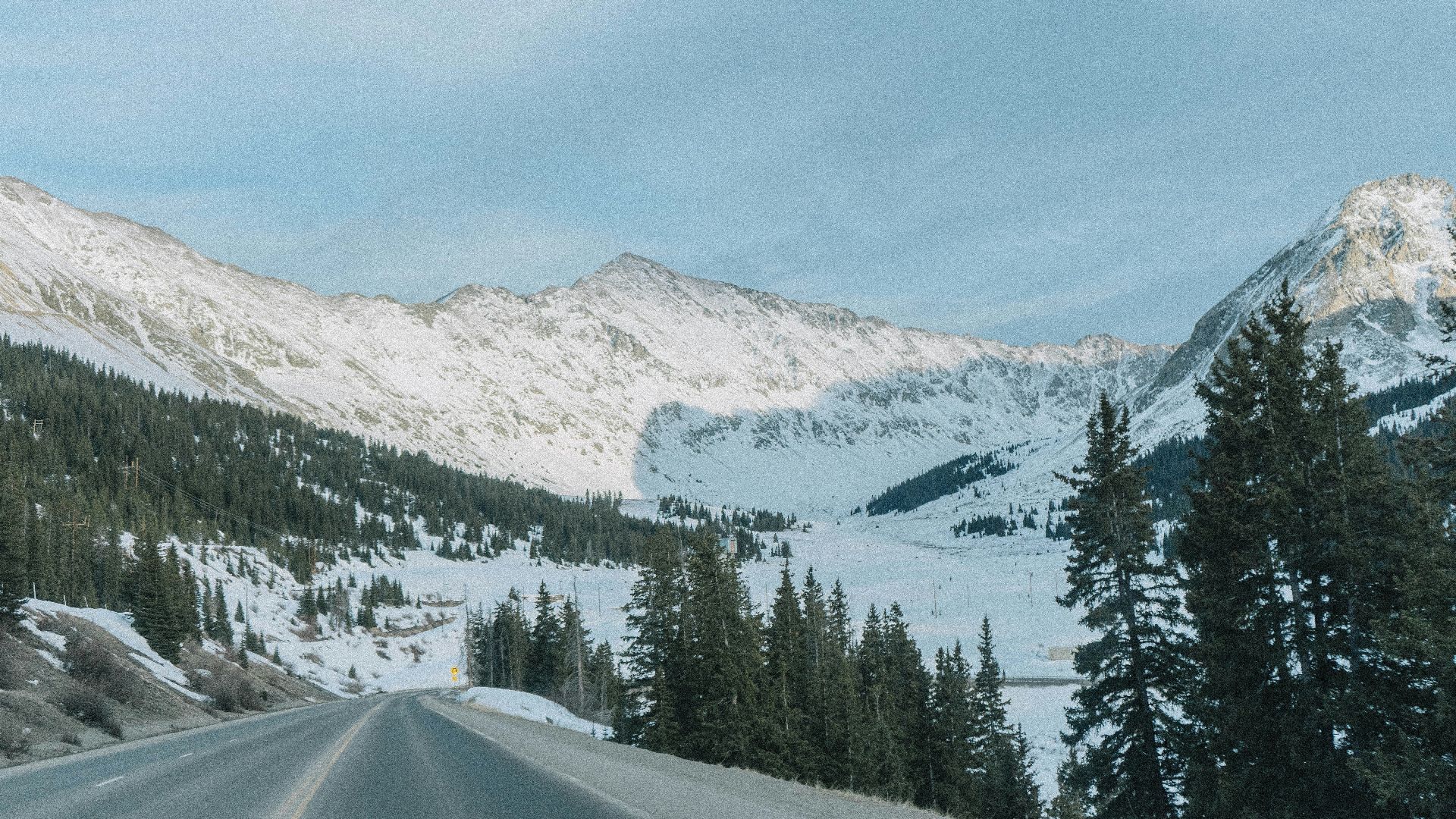 road between pine trees near snow-capped mountain during daytime