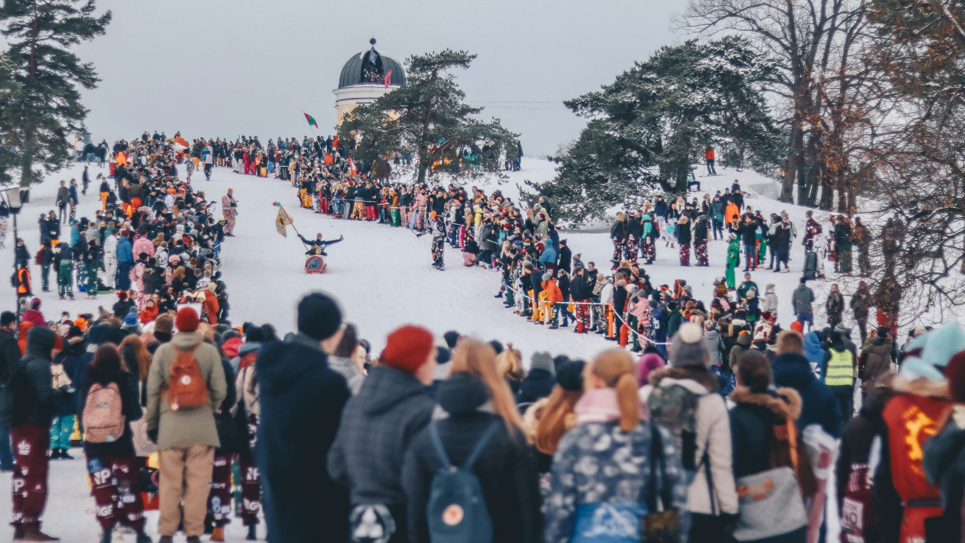 people stands on snow and watches sled race during daytime