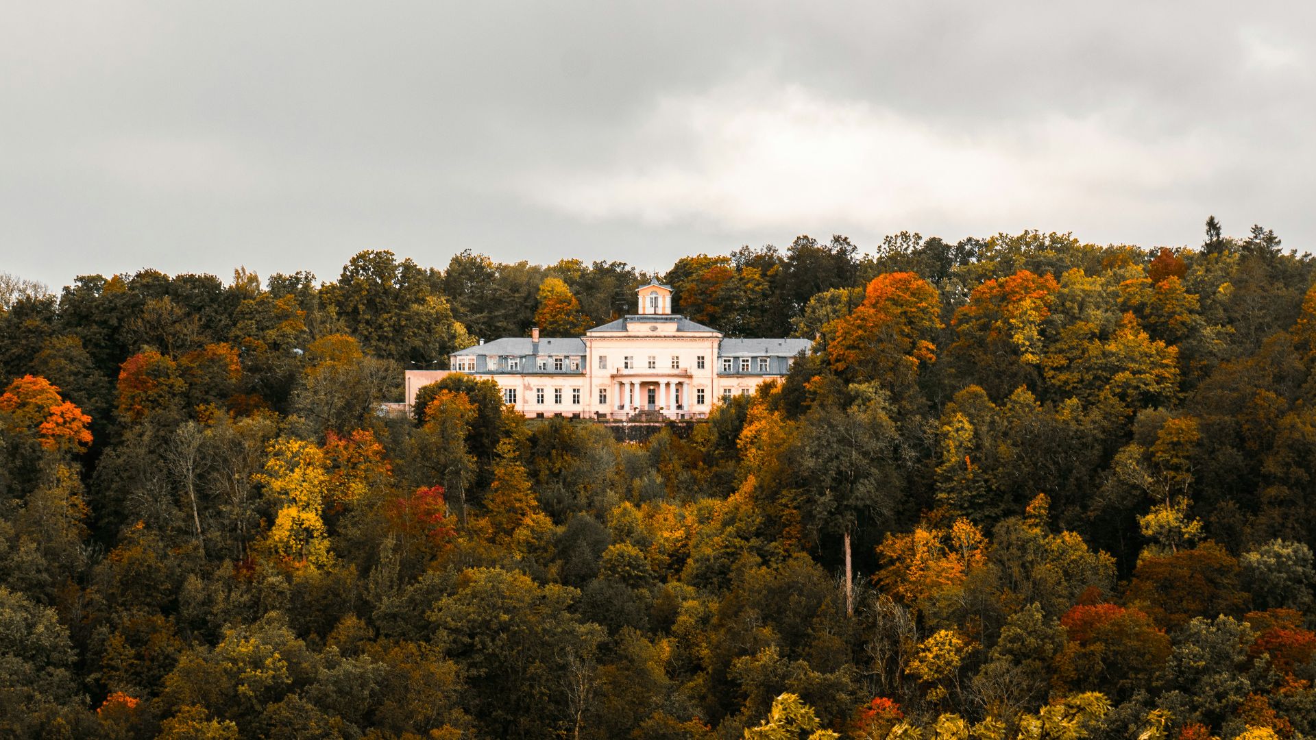 a large white house on top of a hill surrounded by trees