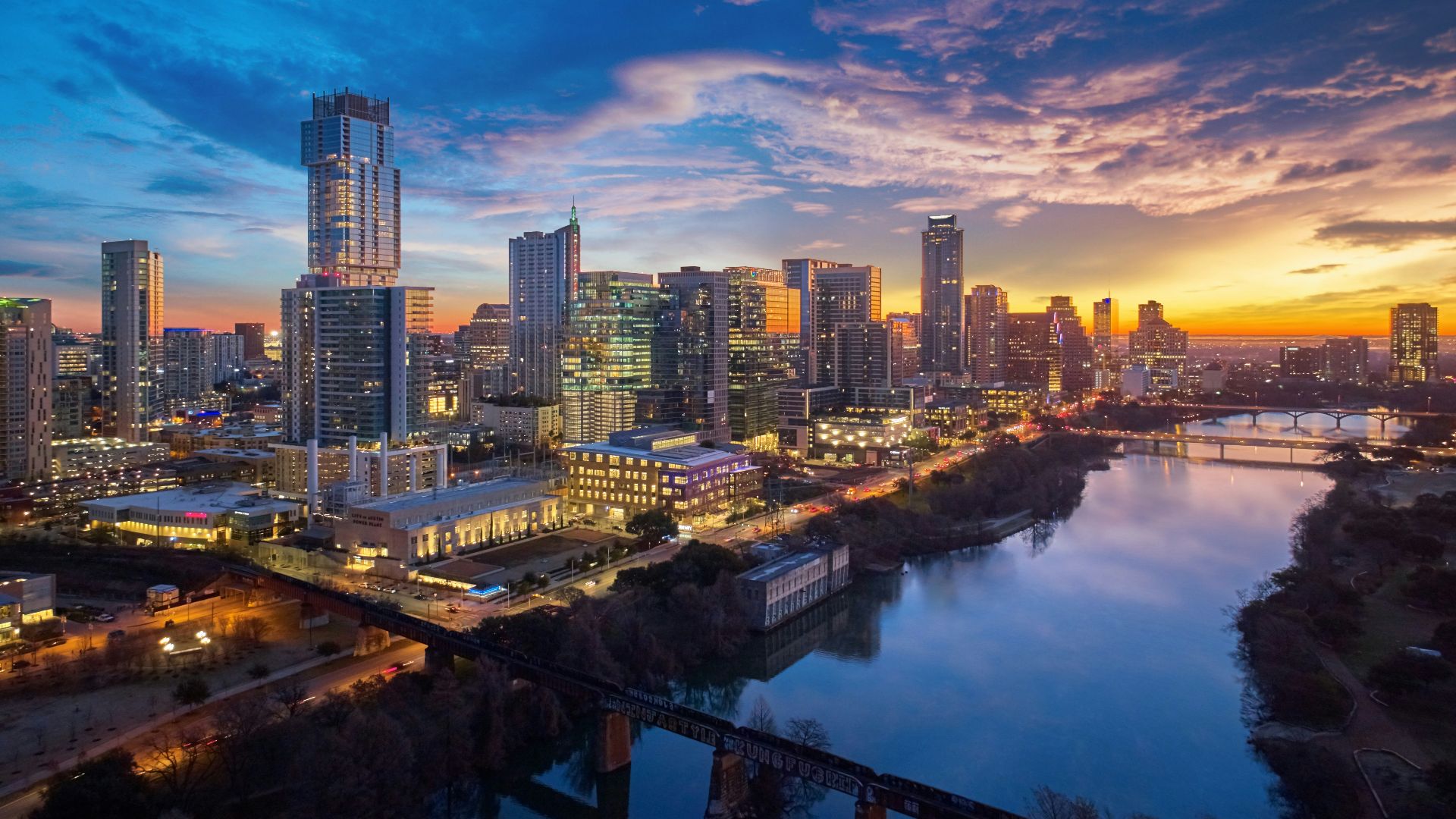 a city skyline at sunset