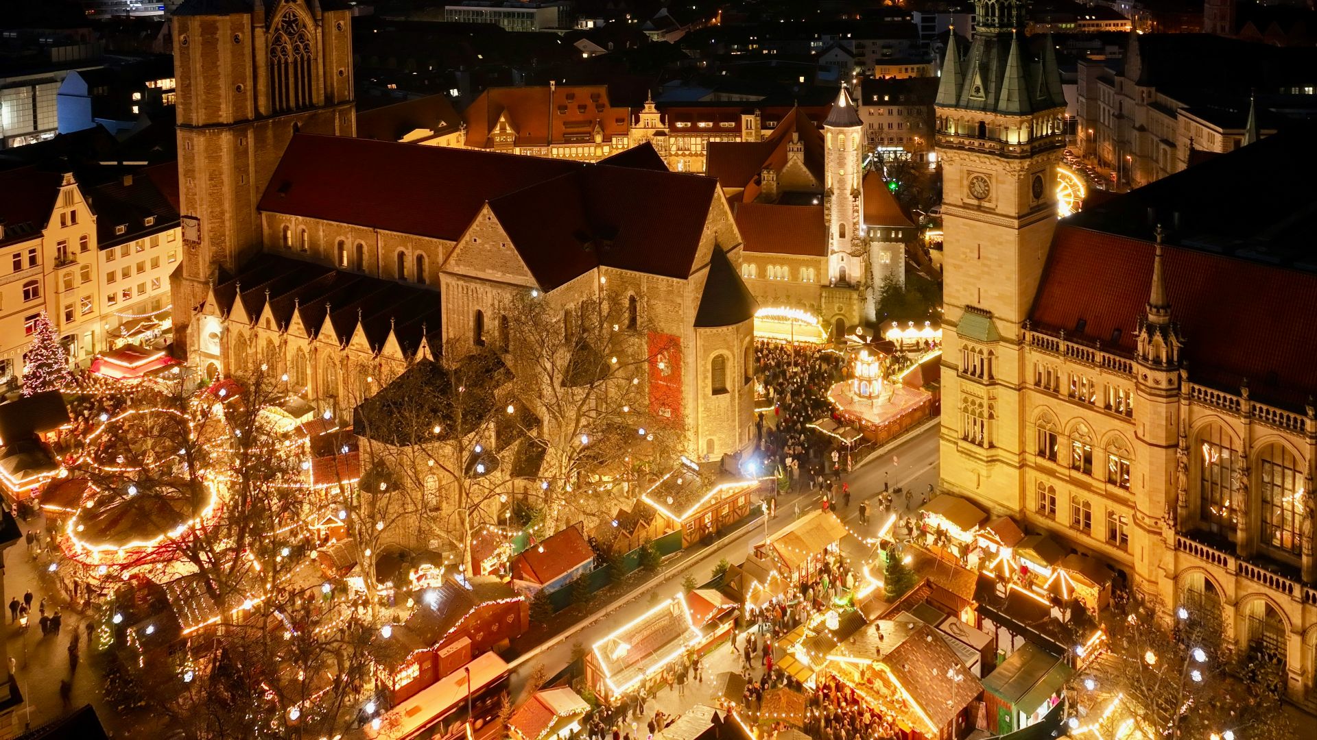 an aerial view of a city at night