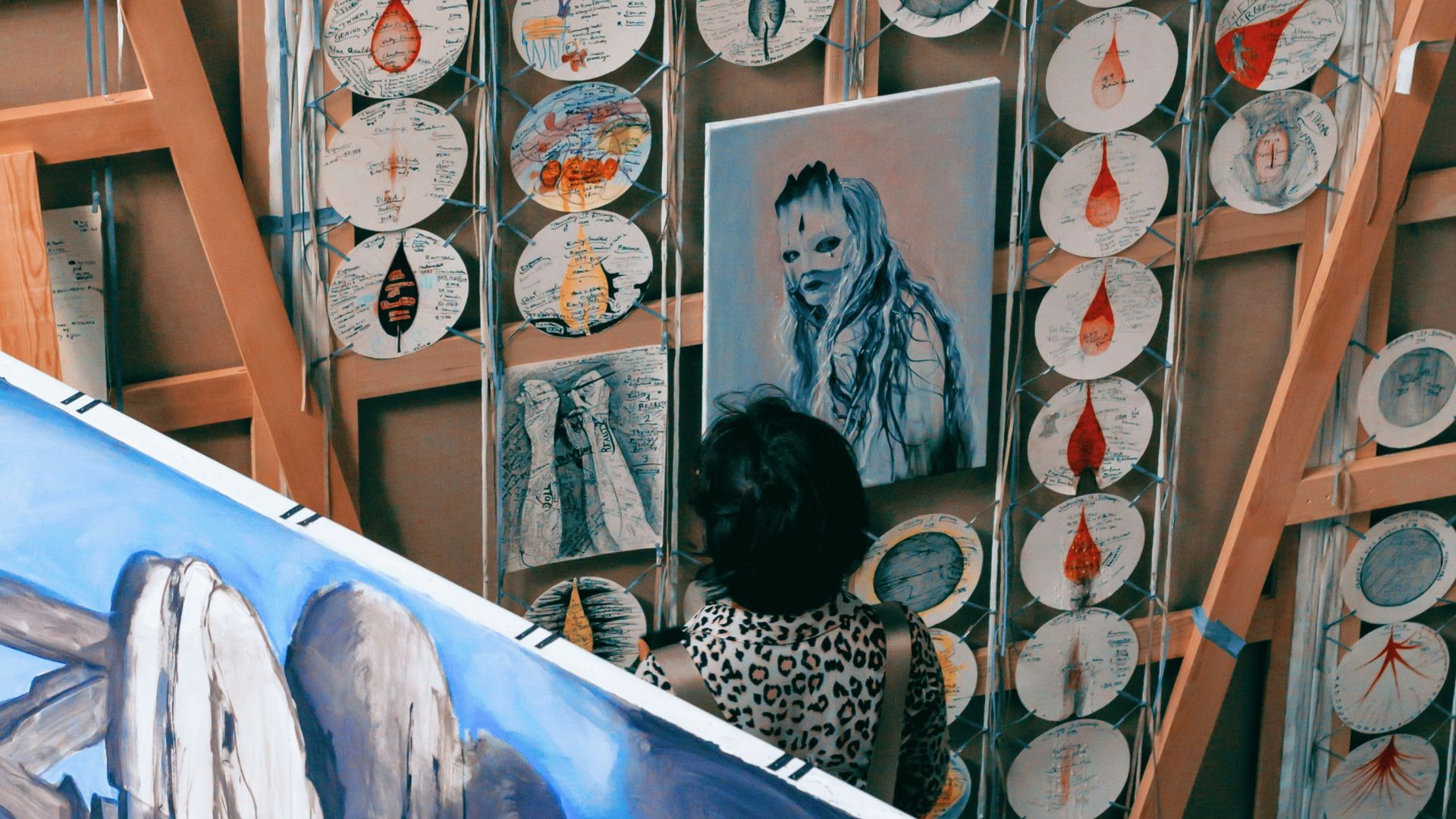 white and blue floral print wall decor