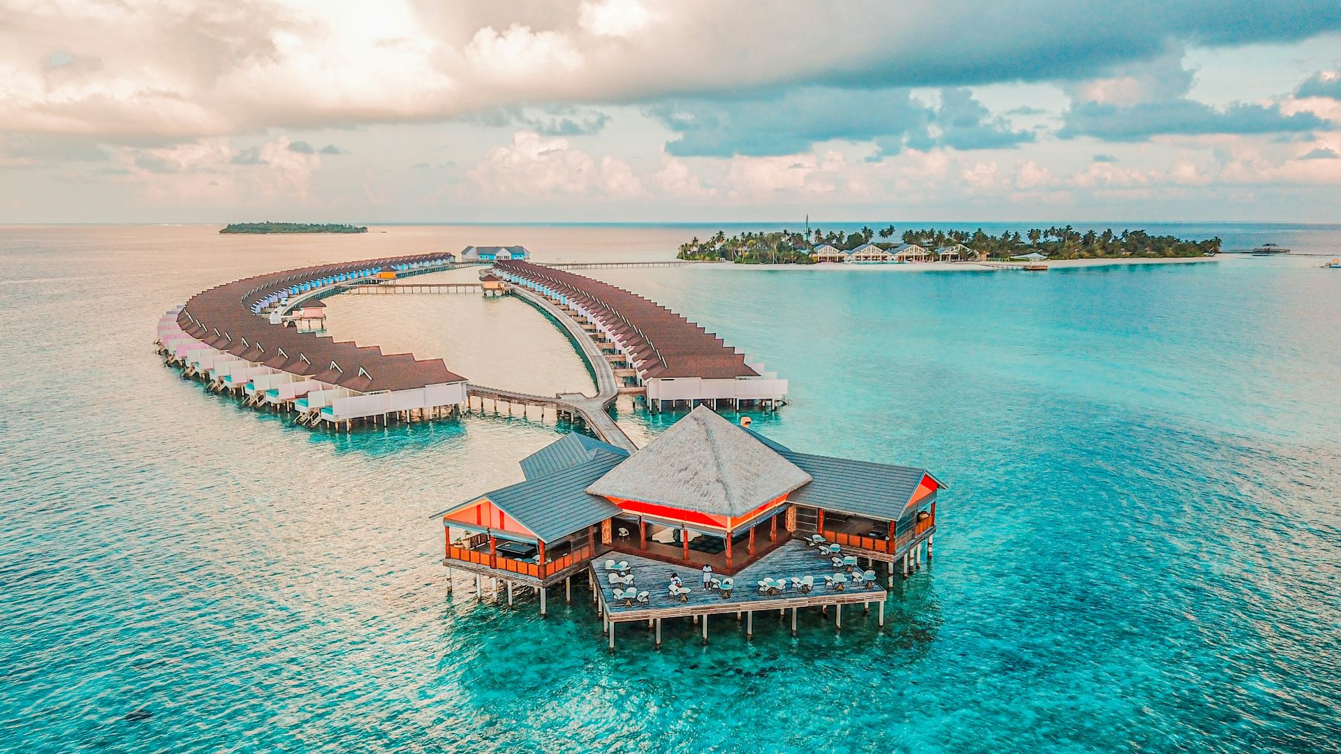 aerial photography of resort rooms and island