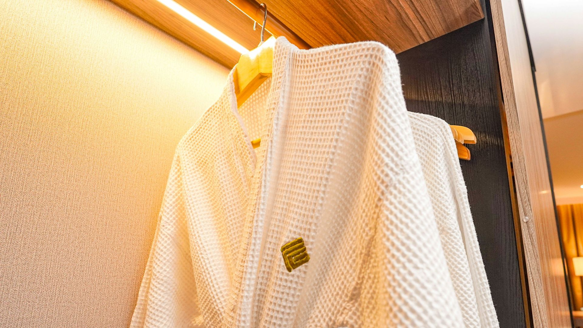 a robe hanging on a wall in a hotel room