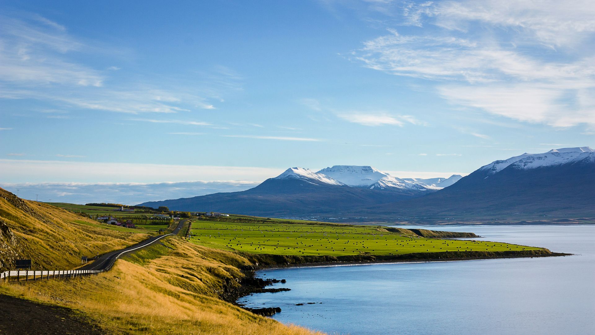 field and mountain near body of water
