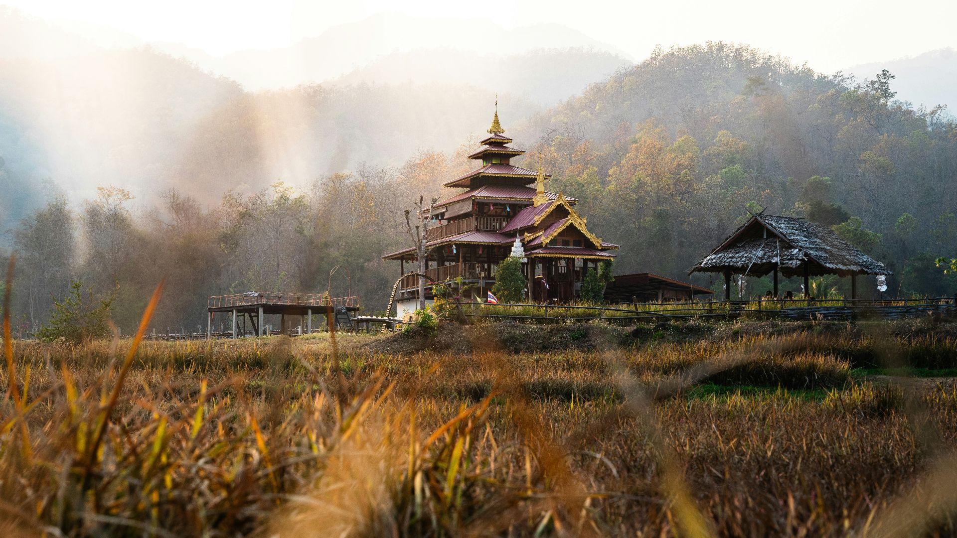 A field with a building in the middle of it